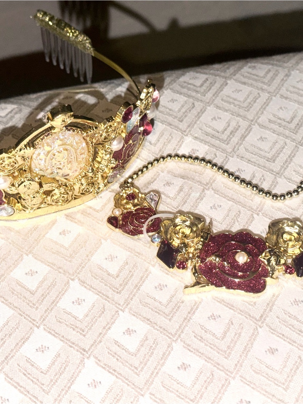 Disney Store Princess Belle Red Rose Costume Metal Tiara Crown & Necklace